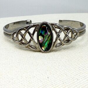 Celtic Knot Abalone Shell Cuff Bracelet Silver Tone Iridescent Oval Inlay